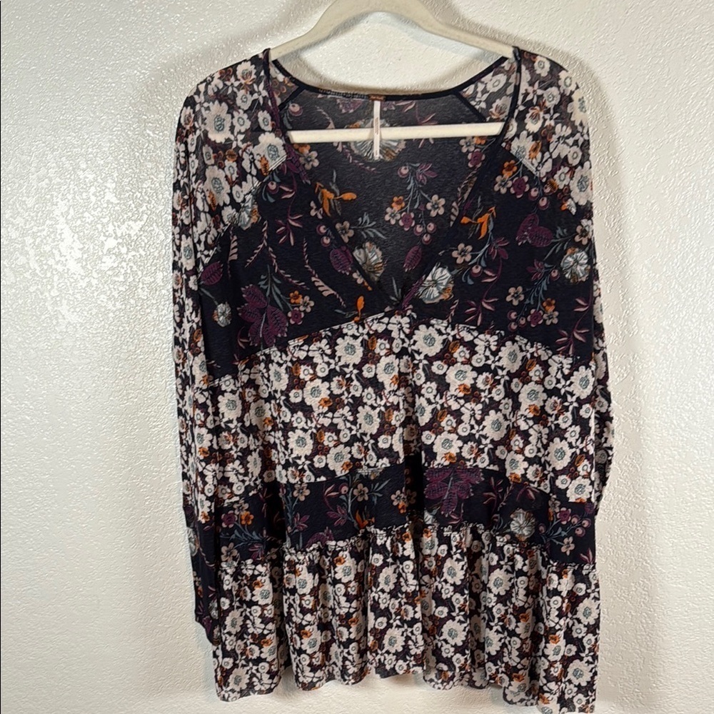 Free People Mixed Print Floral Long Sleeve Blouse Oversized Size Small